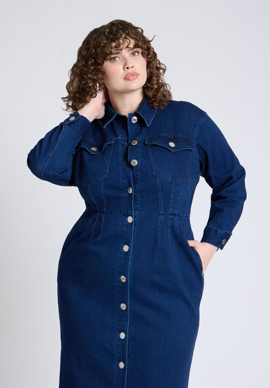 ELOQUII Denim Fitted Dress - Medium Wash