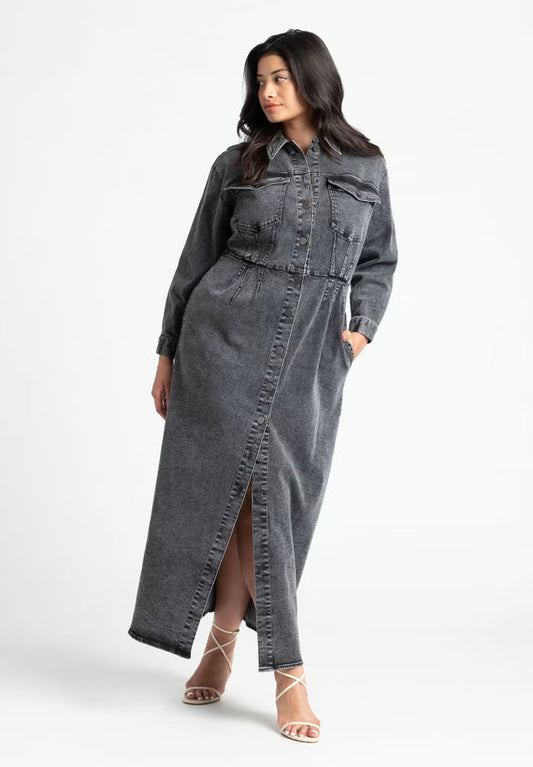 ELOQUII Denim Fitted Dress - Black Rinse