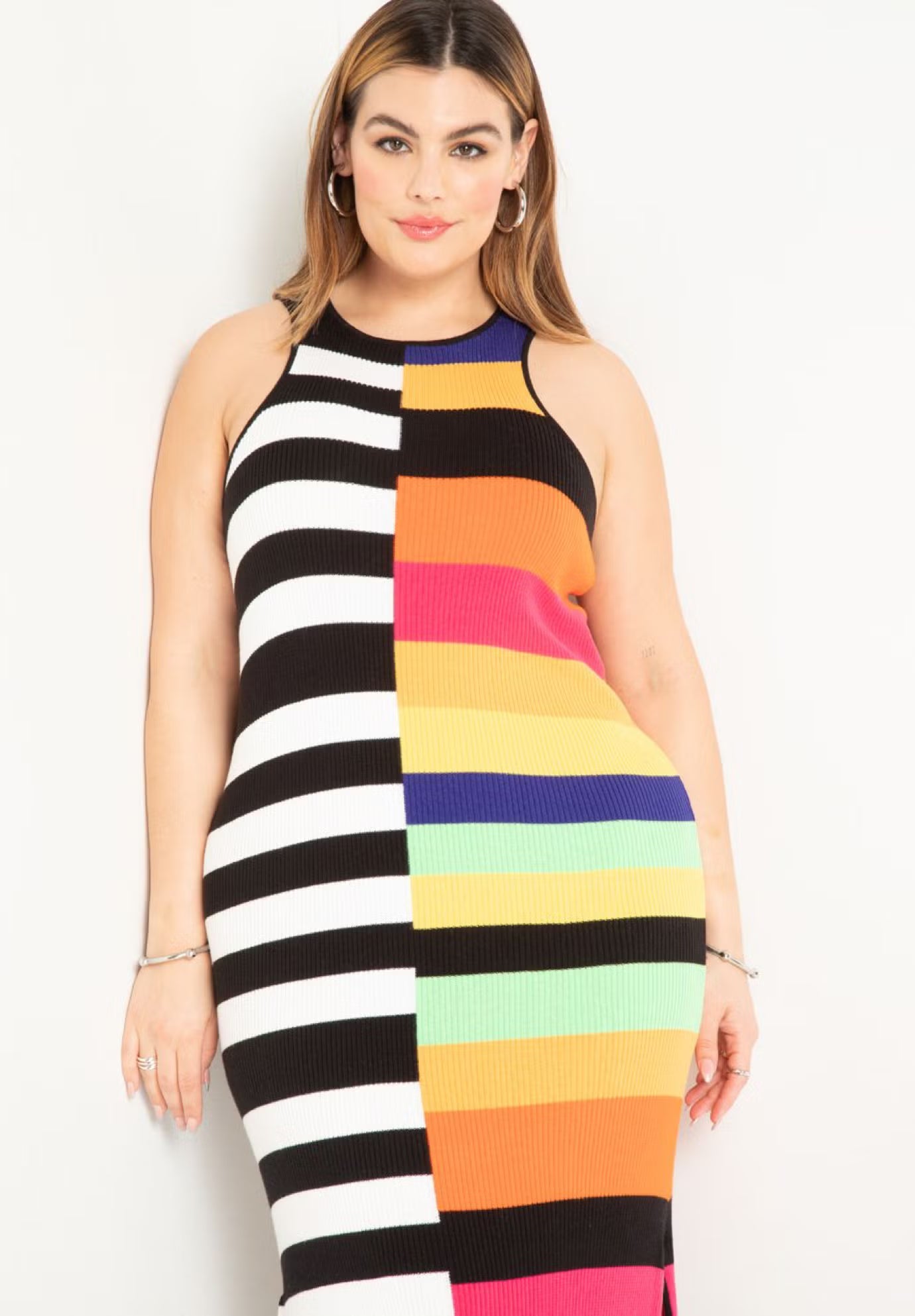 ELOQUII Mixed Stripe Ribbed Dress - Mixed Stripes