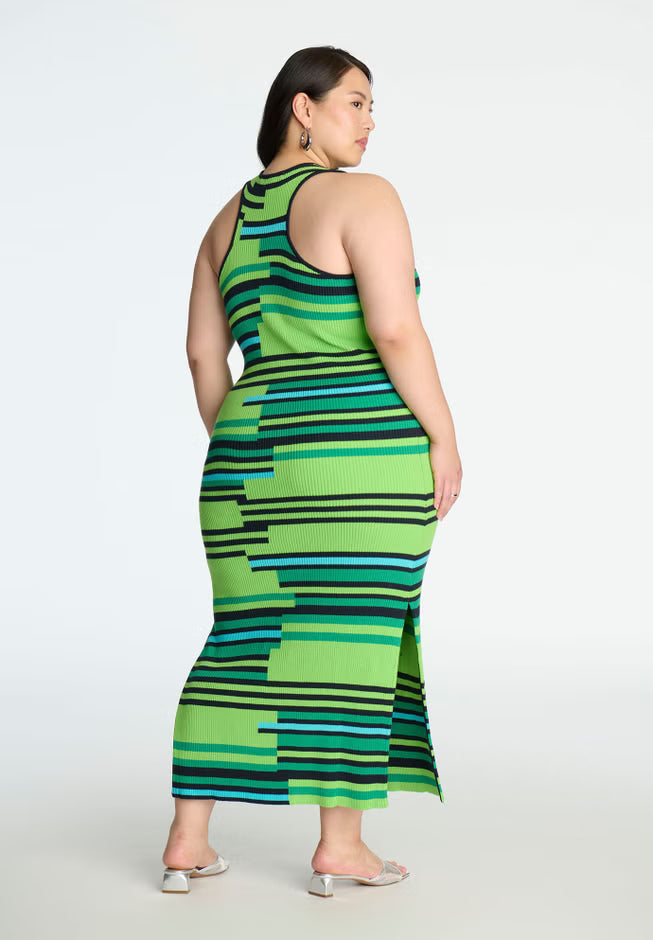 ELOQUII Mixed Stripe Ribbed Dress - Green Steps Stripe