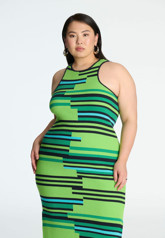 ELOQUII Mixed Stripe Ribbed Dress - Green Steps Stripe