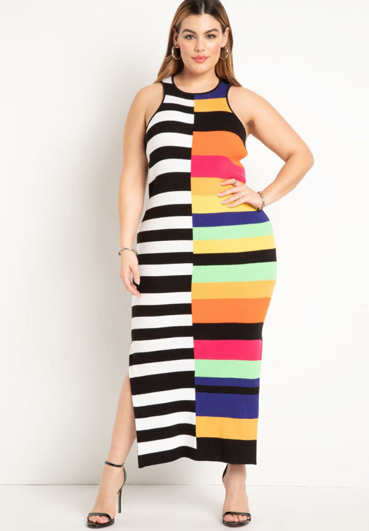 ELOQUII Mixed Stripe Ribbed Dress - Mixed Stripes