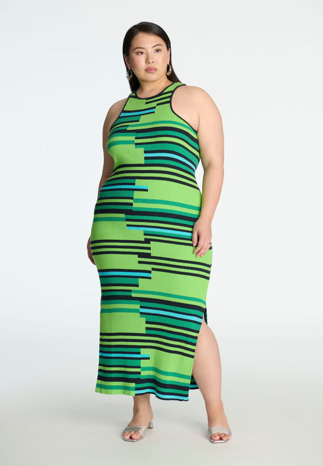 ELOQUII Mixed Stripe Ribbed Dress - Green Steps Stripe