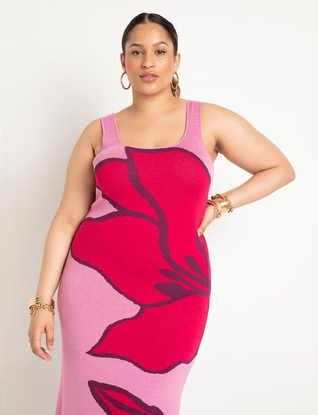 ELOQUII Intarsia Column Dress - Graphic Botanic