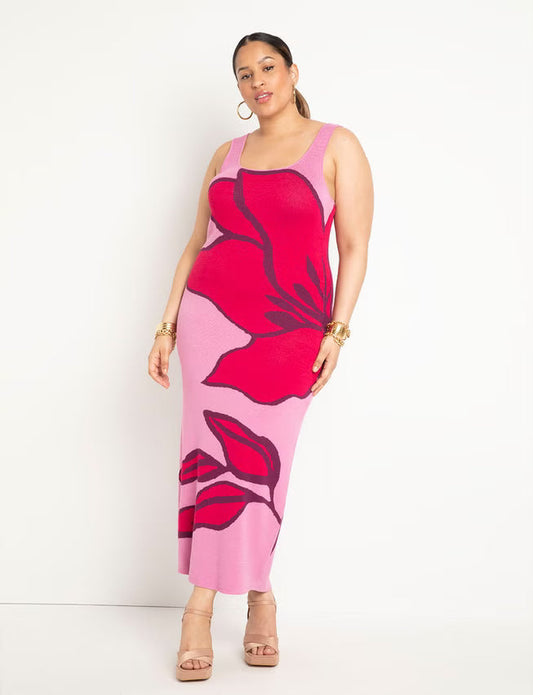 ELOQUII Intarsia Column Dress - Graphic Botanic