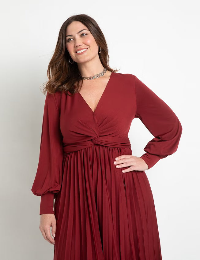 ELOQUII Knot Front Pleated Skirt Dress - Rich Burgundy