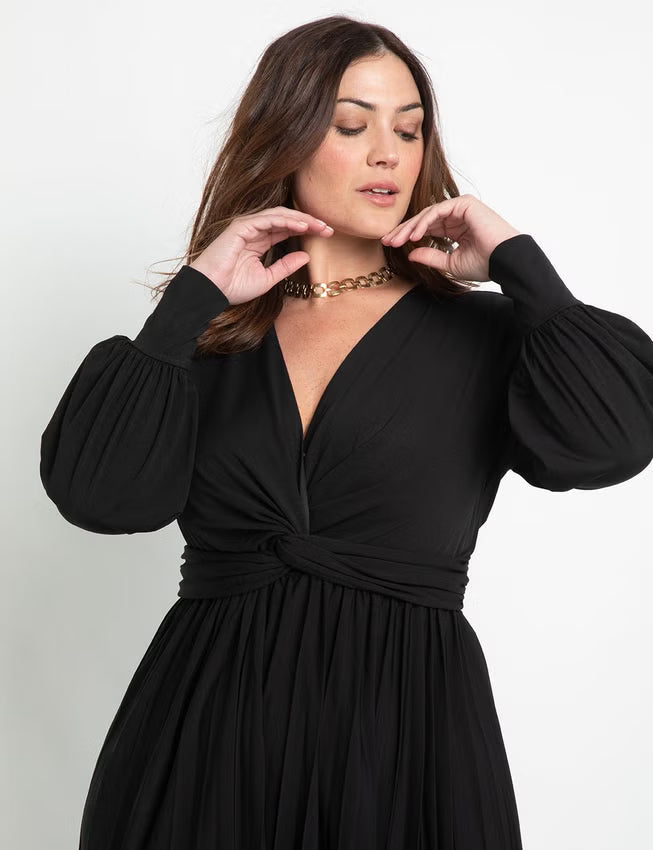 ELOQUII Knot Front Pleated Skirt Dress - Black Onyx