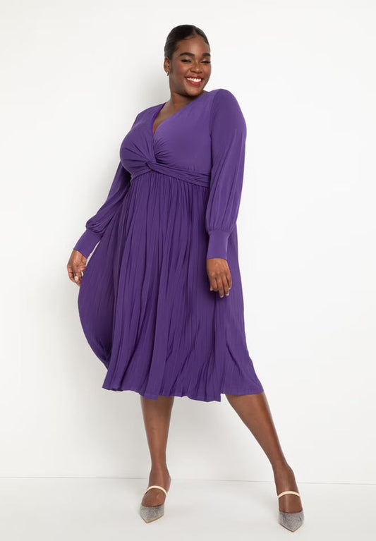 ELOQUII Knot Front Pleated Skirt Dress - Violet Indigo