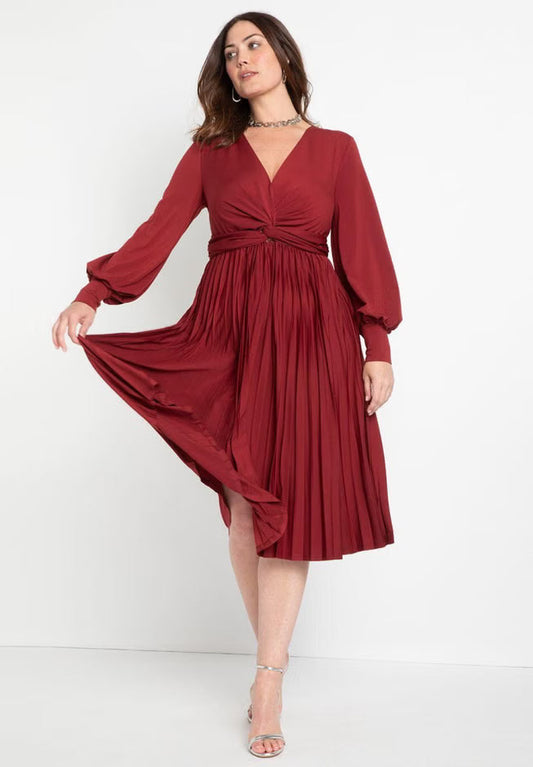 ELOQUII Knot Front Pleated Skirt Dress - Rich Burgundy