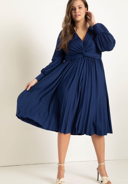 ELOQUII Knot Front Pleated Skirt Dress - Ocean Cavern