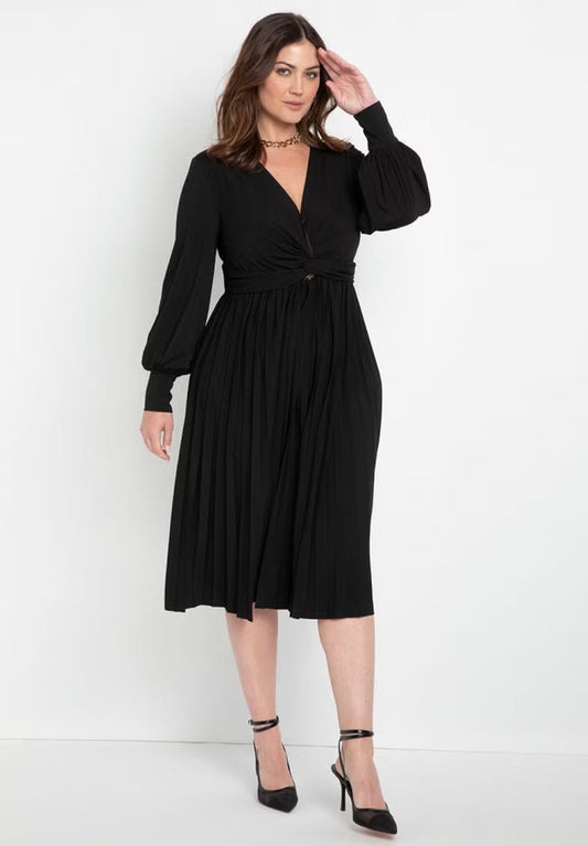 ELOQUII Knot Front Pleated Skirt Dress - Black Onyx