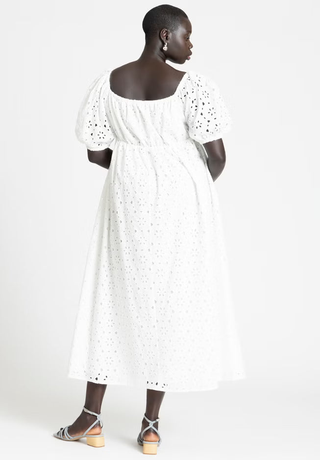 ELOQUII Eyelet Tie Front Maxi Dress - Soft White