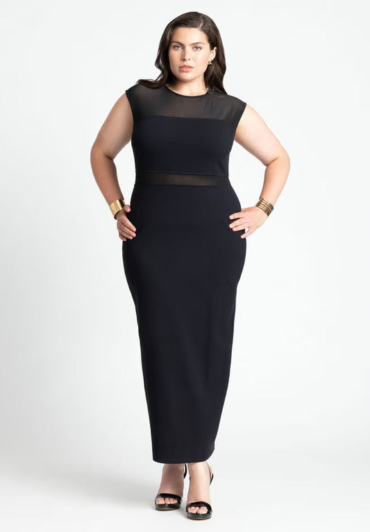 ELOQUII Cap Sleeve Mesh Midi Dress - Black Onyx