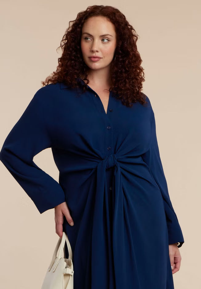 ELOQUII Tie Front Oversized Shirt Dress - Pageant Blue