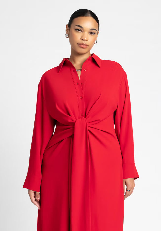 ELOQUII Tie Front Oversized Shirt Dress - Barbados Cherry