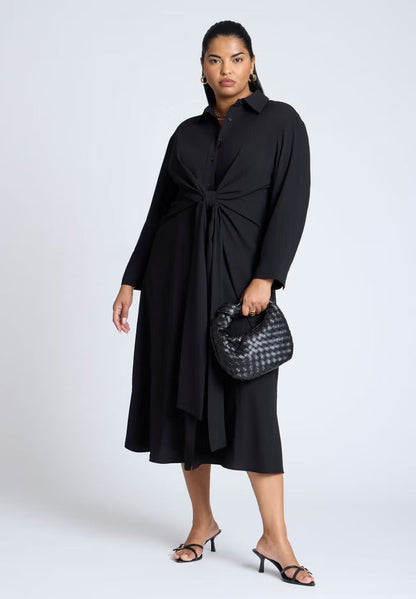 ELOQUII Tie Front Oversized Shirt Dress - Black Onyx