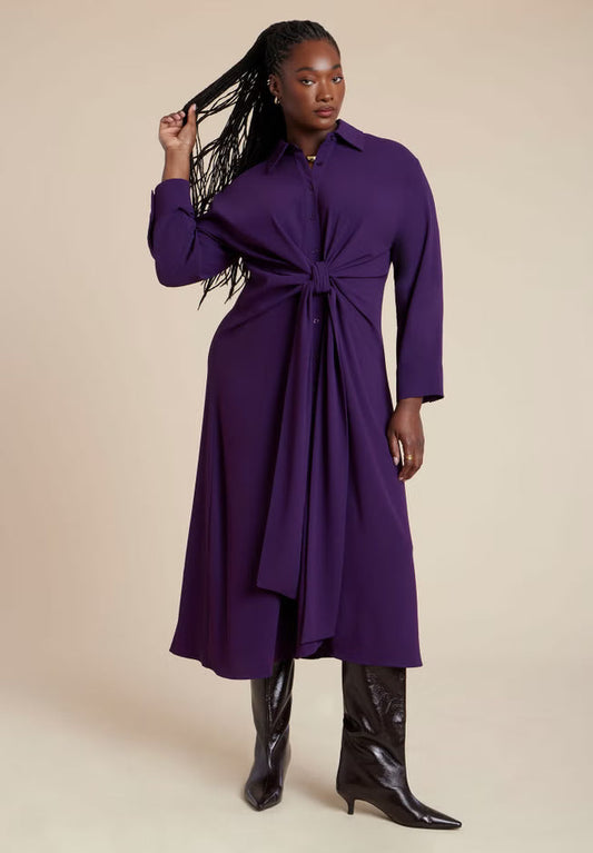 ELOQUII Tie Front Oversized Shirt Dress - Purple Pennant