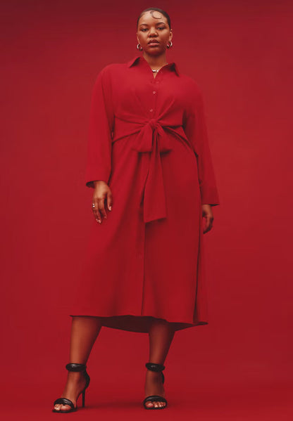 ELOQUII Tie Front Oversized Shirt Dress - Barbados Cherry