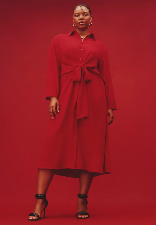 ELOQUII Tie Front Oversized Shirt Dress - Barbados Cherry