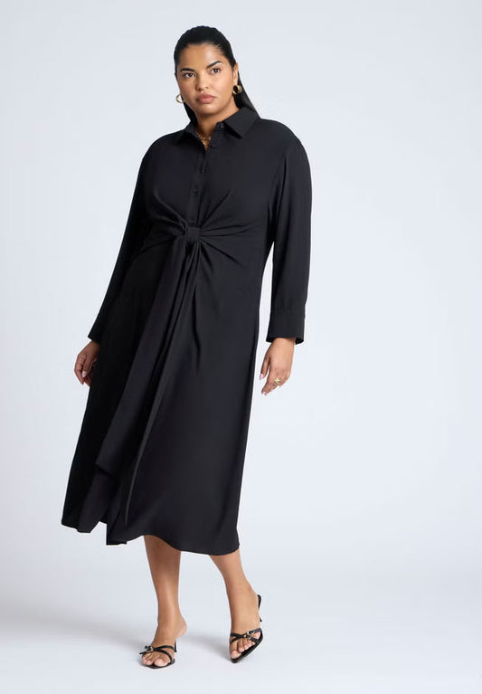 ELOQUII Tie Front Oversized Shirt Dress - Black Onyx
