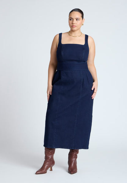 ELOQUII Tie Detail Denim Midi Dress - Dark Wash