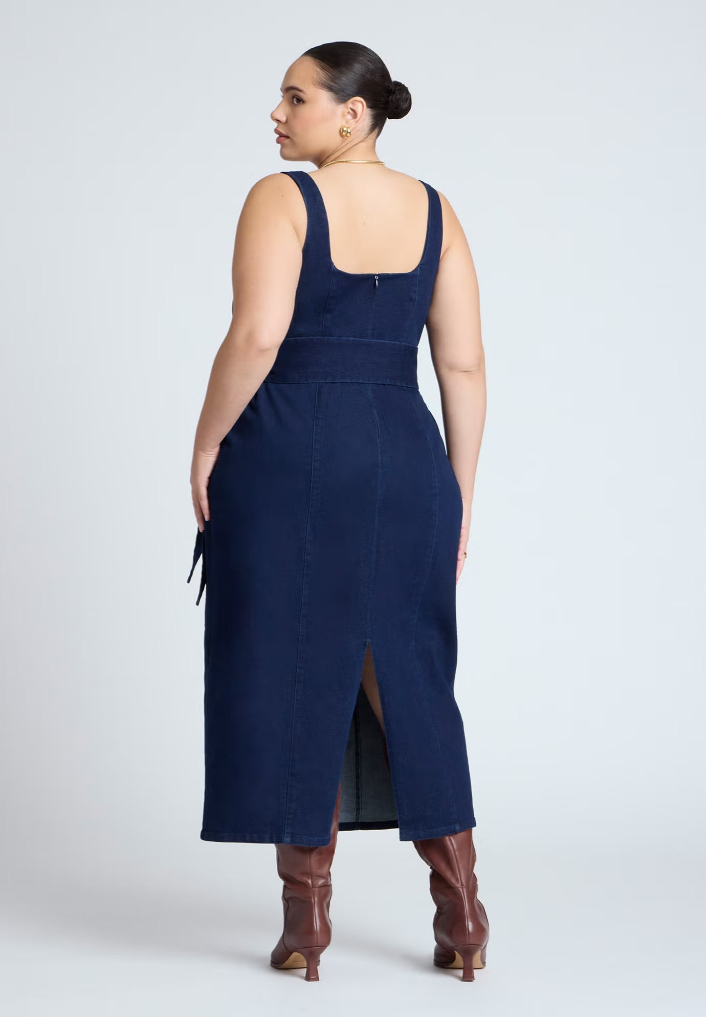ELOQUII Tie Detail Denim Midi Dress - Dark Wash