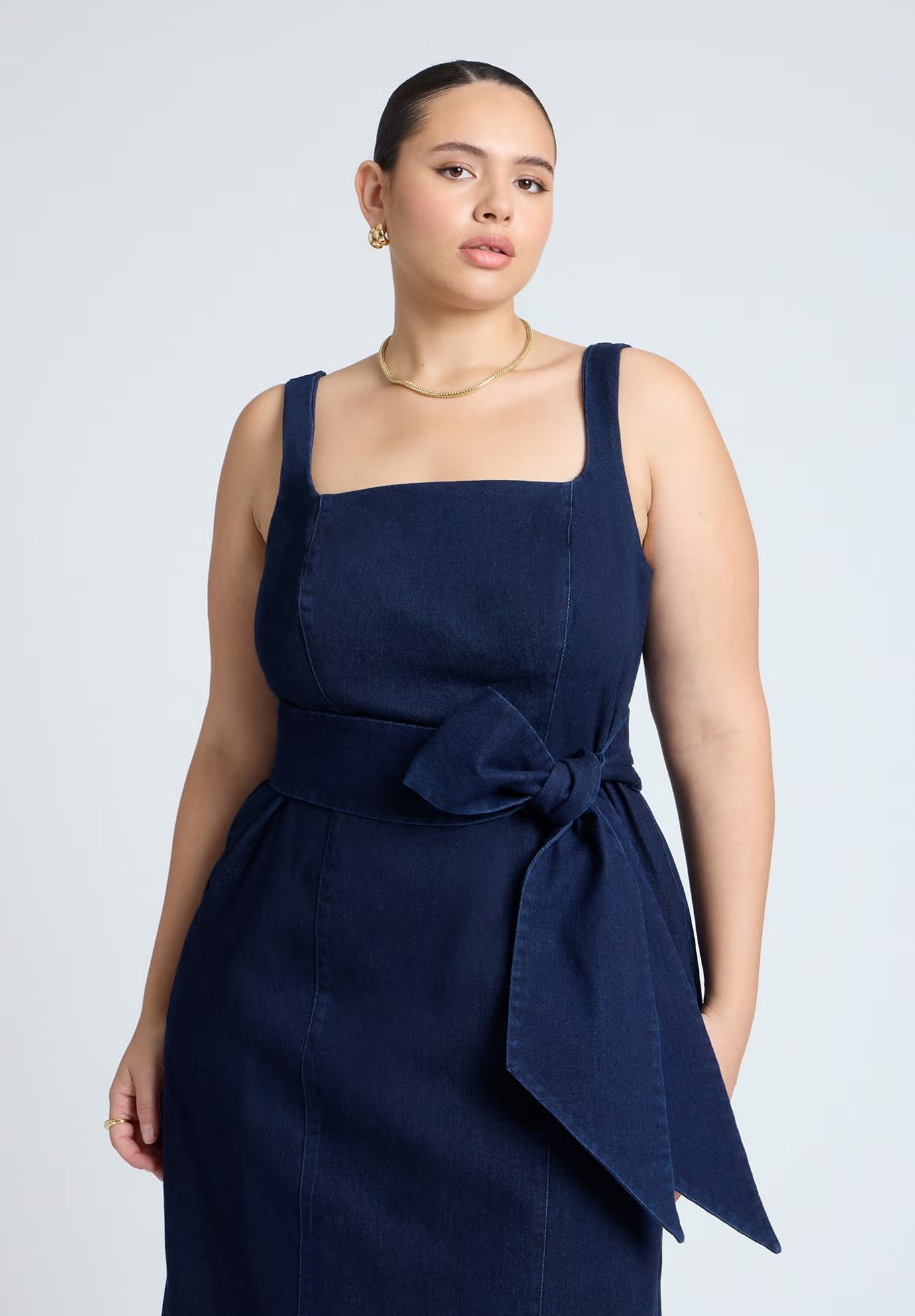 ELOQUII Tie Detail Denim Midi Dress - Dark Wash
