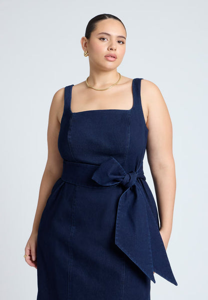 ELOQUII Tie Detail Denim Midi Dress - Dark Wash