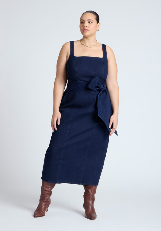 ELOQUII Tie Detail Denim Midi Dress - Dark Wash