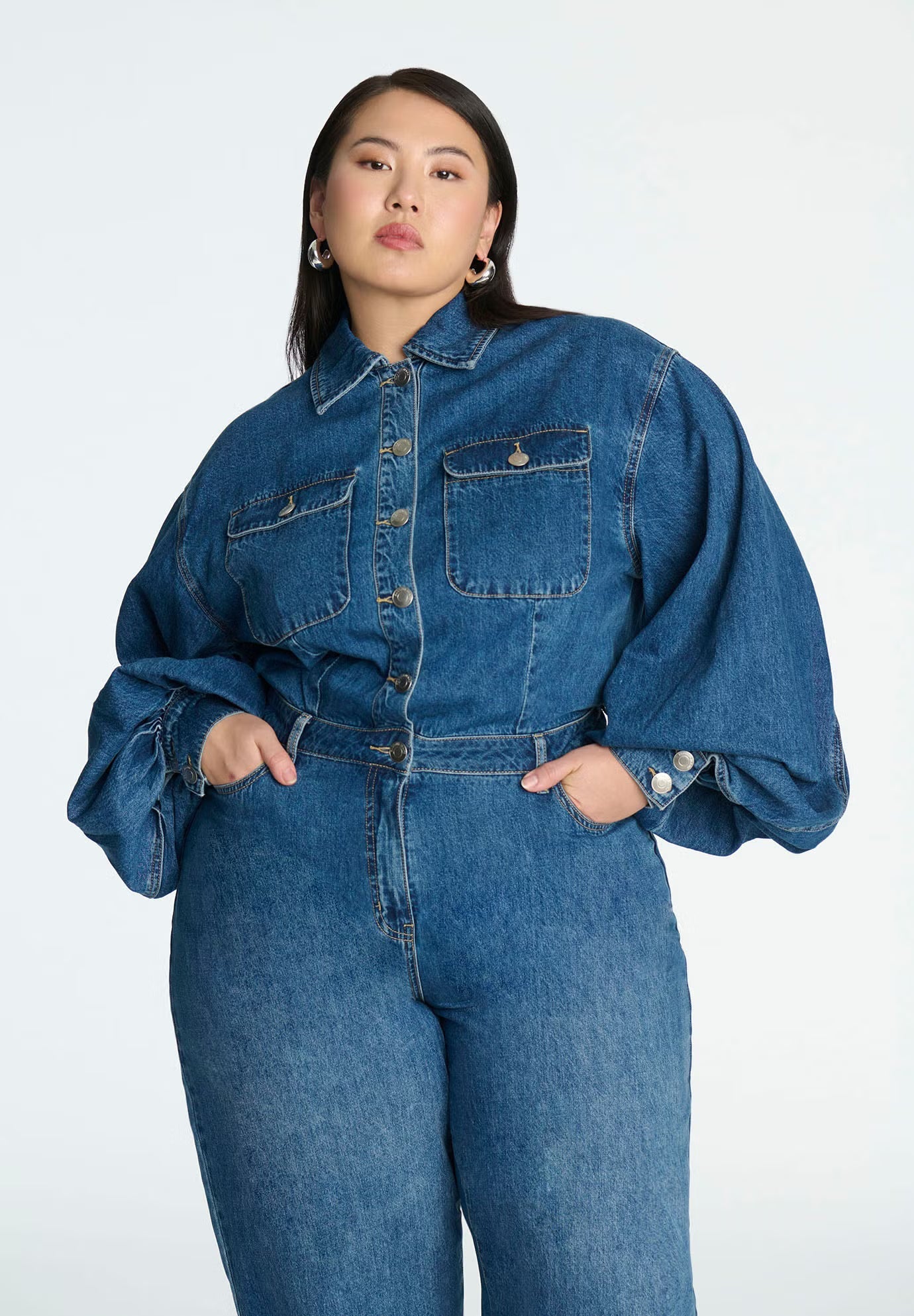 ELOQUII Barrel Leg Denim Jumpsuit - Light Blue Wash