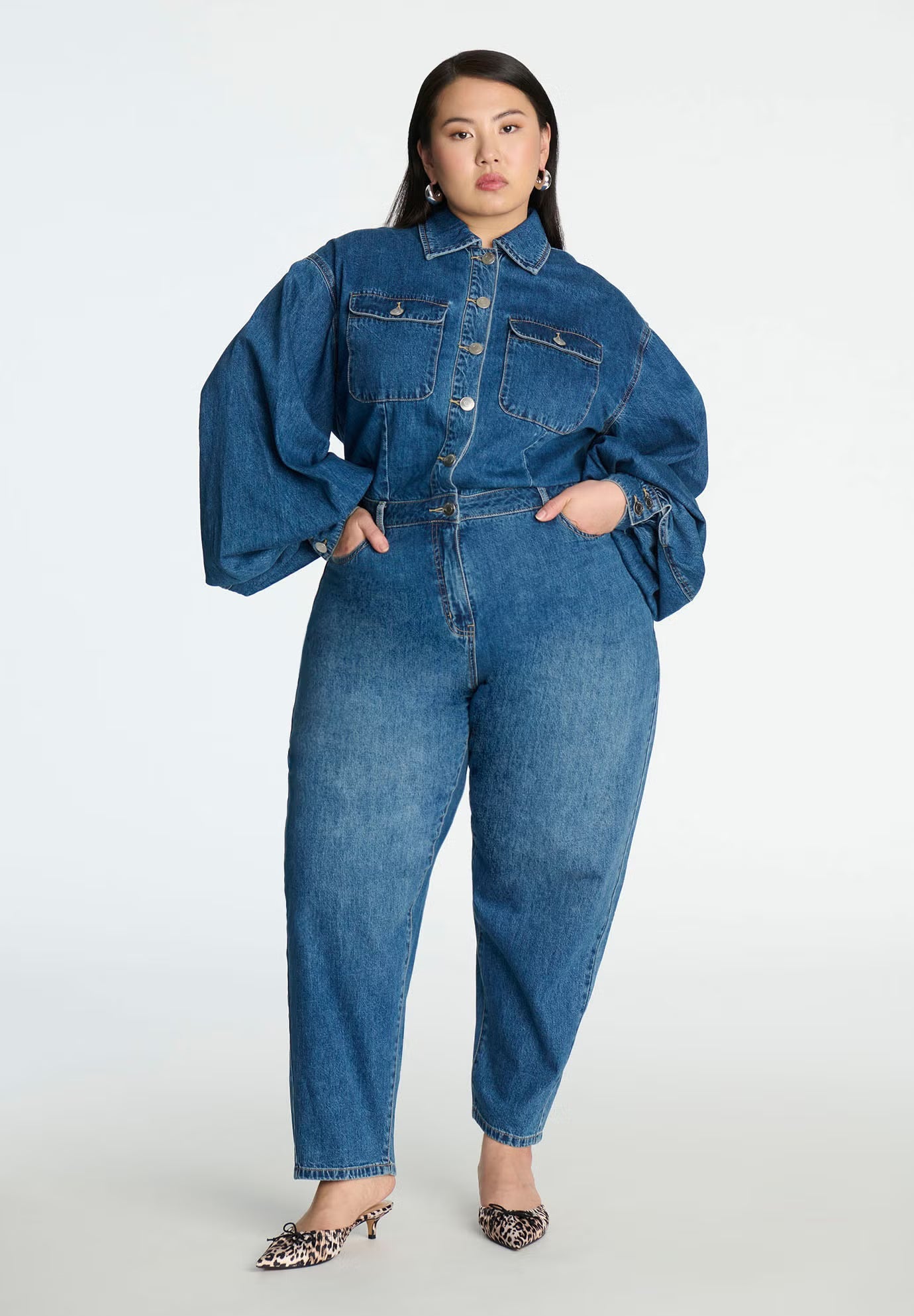ELOQUII Barrel Leg Denim Jumpsuit - Light Blue Wash