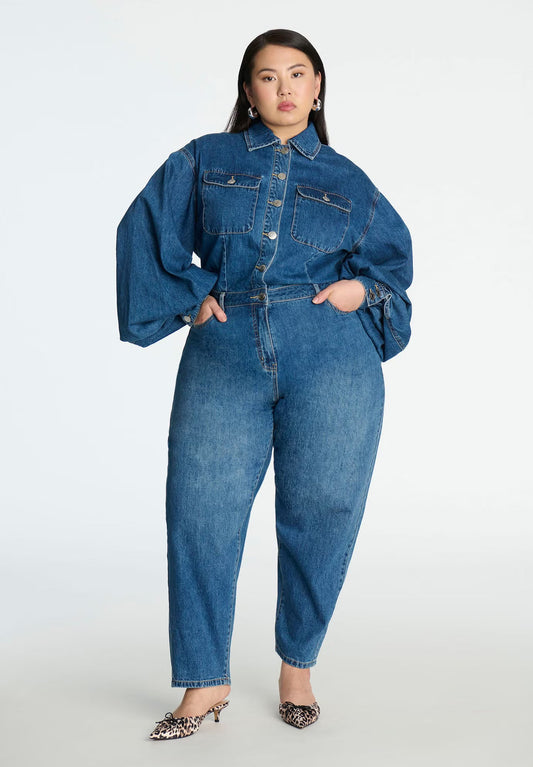 ELOQUII Barrel Leg Denim Jumpsuit - Light Blue Wash