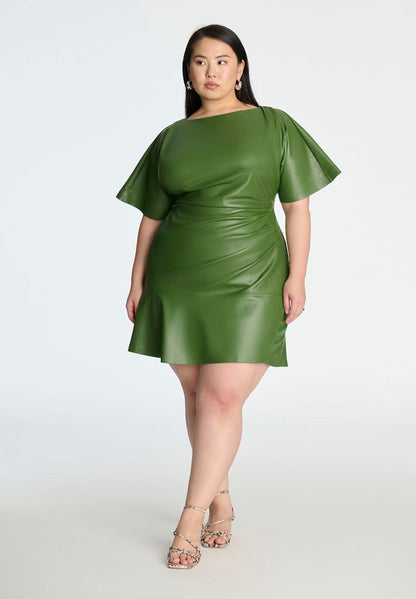 ELOQUII Drapey Faux Leather Mini Dress - Bronze Green