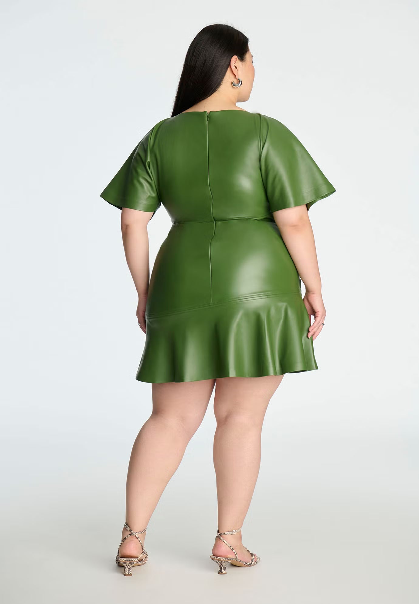 ELOQUII Drapey Faux Leather Mini Dress - Bronze Green