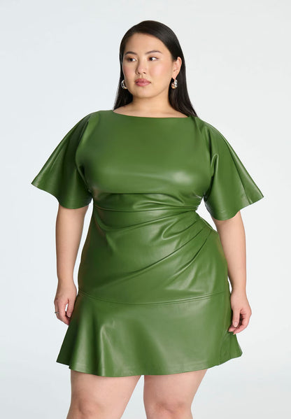 ELOQUII Drapey Faux Leather Mini Dress - Bronze Green