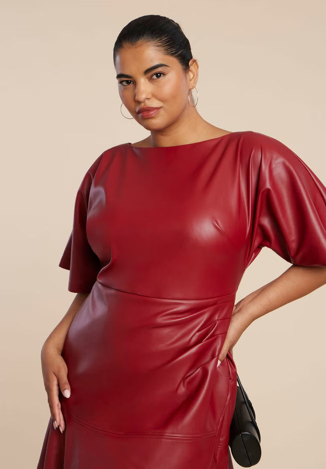 ELOQUII Drapey Faux Leather Mini Dress - Red Dahlia