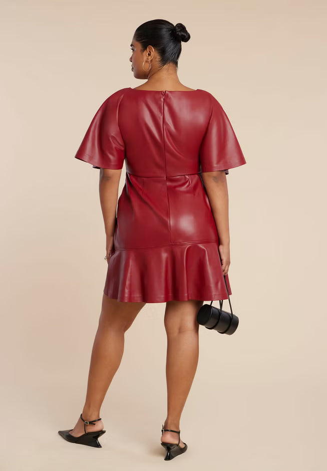ELOQUII Drapey Faux Leather Mini Dress - Red Dahlia