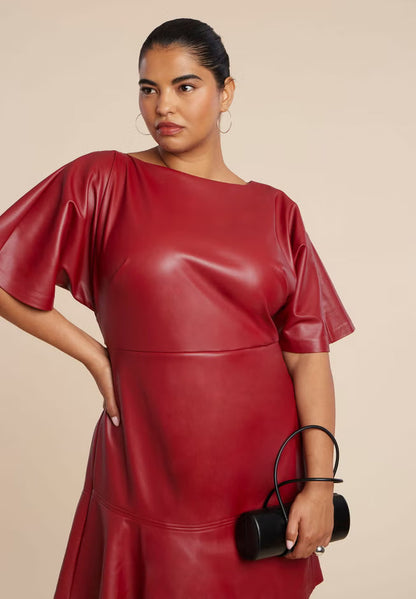 ELOQUII Drapey Faux Leather Mini Dress - Red Dahlia