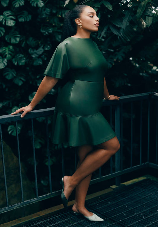 ELOQUII Drapey Faux Leather Mini Dress - Bronze Green