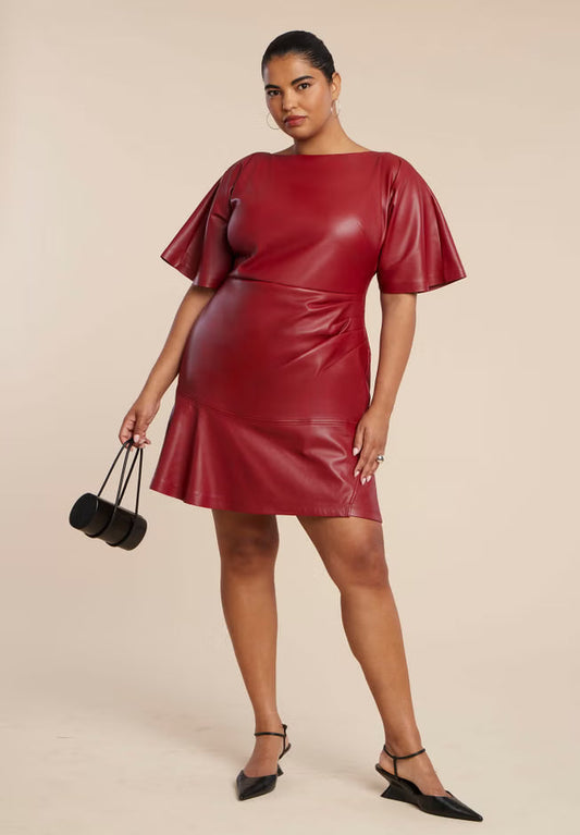 ELOQUII Drapey Faux Leather Mini Dress - Red Dahlia