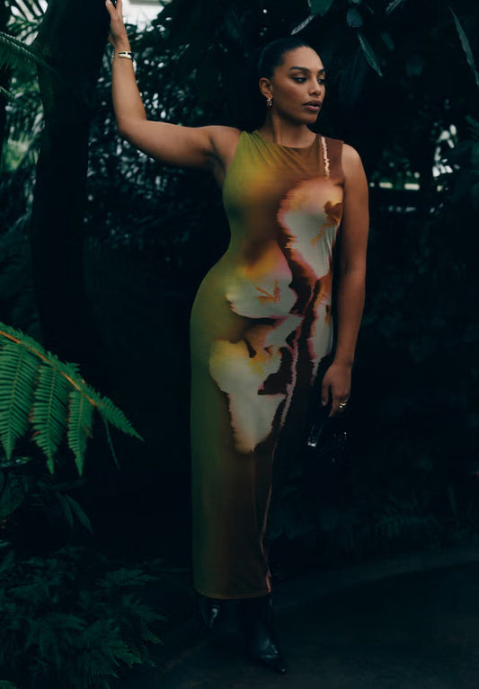 ELOQUII Printed Mesh Dress With Shirring - Fragile Sprout
