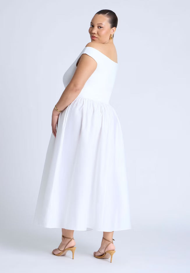 ELOQUII Boat Neck Mixed Fabric Dress - Snow White