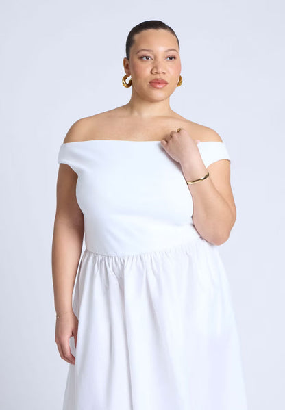 ELOQUII Boat Neck Mixed Fabric Dress - Snow White