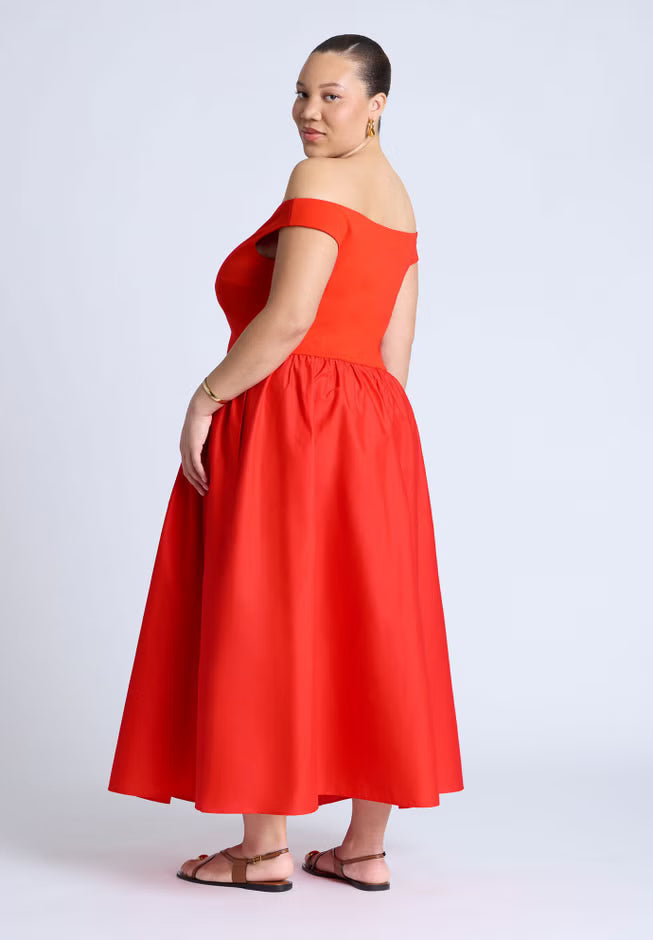 ELOQUII Boat Neck Mixed Fabric Dress - Tomato