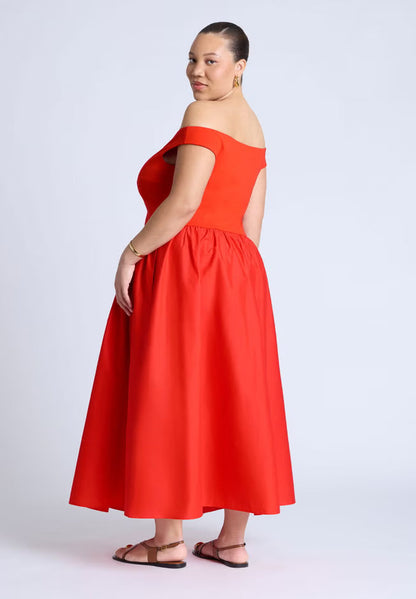 ELOQUII Boat Neck Mixed Fabric Dress - Tomato