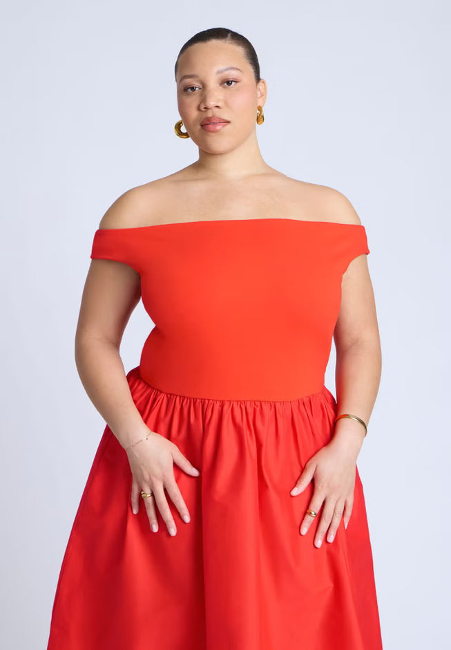 ELOQUII Boat Neck Mixed Fabric Dress - Tomato