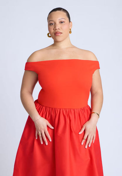 ELOQUII Boat Neck Mixed Fabric Dress - Tomato