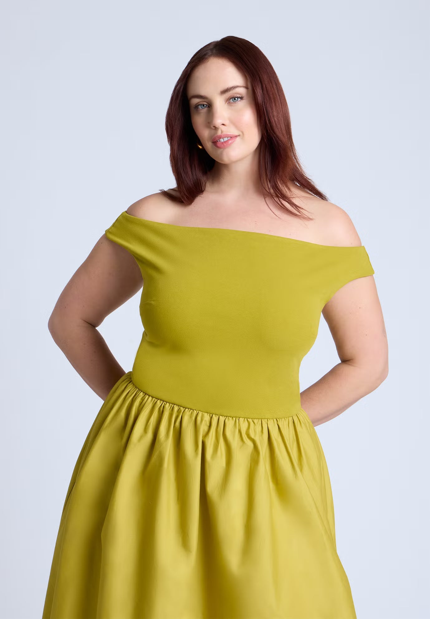 ELOQUII Boat Neck Mixed Fabric Dress - Chartreuse