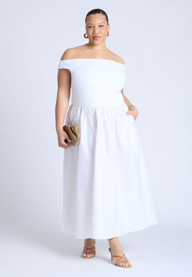 ELOQUII Boat Neck Mixed Fabric Dress - Snow White