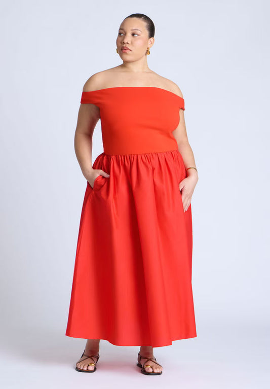 ELOQUII Boat Neck Mixed Fabric Dress - Tomato